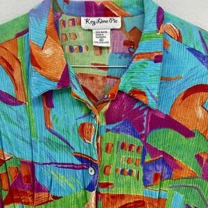 Vtg Crinkle Top 80s 90s Y2K Neon Colorblock Geo Women's XL Beach Babe Key Lime